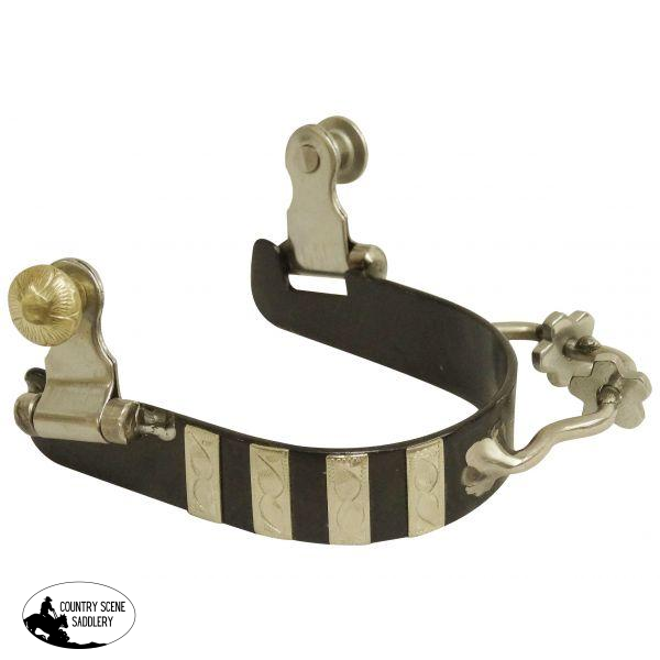 New! Showman ® Ladies Black Steel Bumper Spurs With Engraved Silver Bar Overlays.