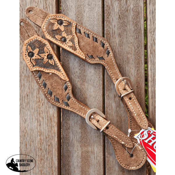 Showman ® Ladies Chocolate Rough Out Leather Spur Straps With Black Buck Stitch Trim Strap