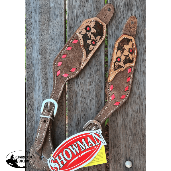 Showman ® Ladies Chocolate Rough Out Leather Spur Straps With Pink Buck Stitch Trim