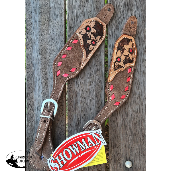 Showman ® Ladies Chocolate Rough Out Leather Spur Straps With Pink Buck Stitch Trim