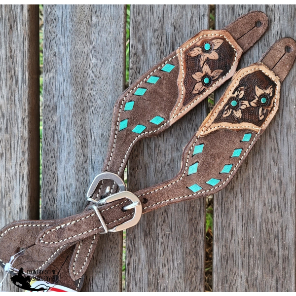 Showman ® Ladies Chocolate Rough Out Leather Spur Straps With Teal Buck Stitch Trim Wither Strap