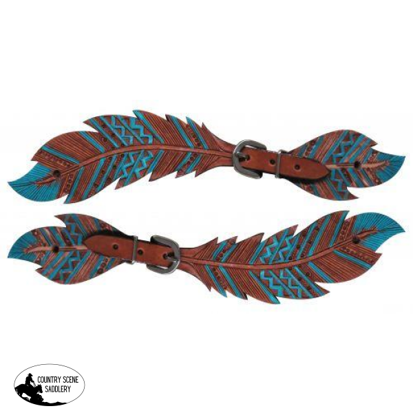 New! Showman ® Ladies Cut Out Teal Painted Feather Spur Straps. Filigree / Print Straps