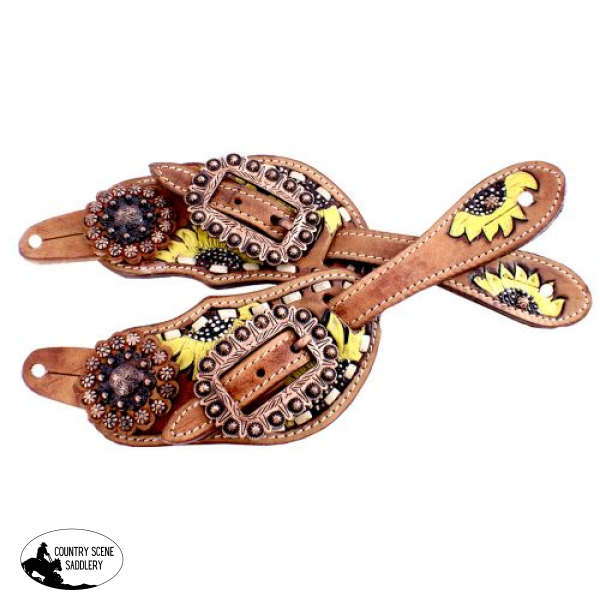 Showman ® Ladies Hand Painted Sunflower Spur Straps With Copper Hardware.