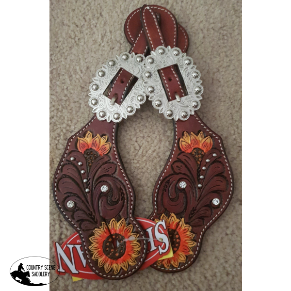 New! Showman ® Ladies Hand Painted Sunflower Spur Straps With Floral Tooling. Filigree / Print Spur