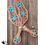 Showman ® Ladies Hand Painted Turquoise Flower Spur Straps With Copper Hardware. Filigree / Painted