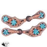 Showman ® Ladies Hand painted turquoise flower spur straps with copper hardware. - Country Scene Saddlery and Pet Supplies
