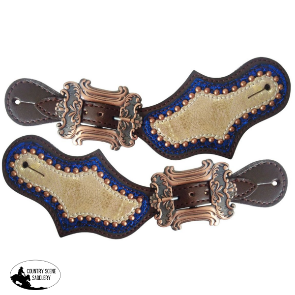 New! Showman ® Ladies Metallic Gold And Royal Blue Spur Straps.