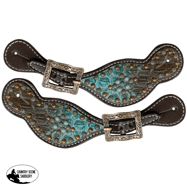 Showman ® Ladies Size Chocolate Brown / Teal Tooled Spur Straps Handbags Wallets & Cases