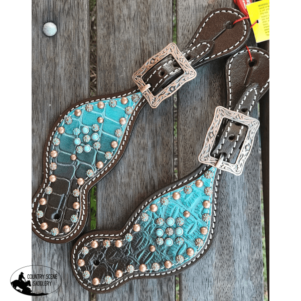 Showman ® Ladies Size Chocolate Brown / Teal Tooled Spur Straps Handbags Wallets & Cases