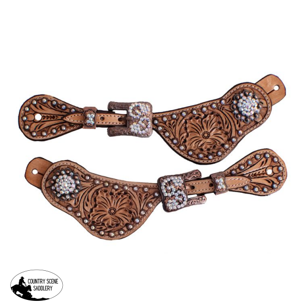 Showman ® Ladies Size Crystal Rhinestone Spur Straps With Floral Tooling