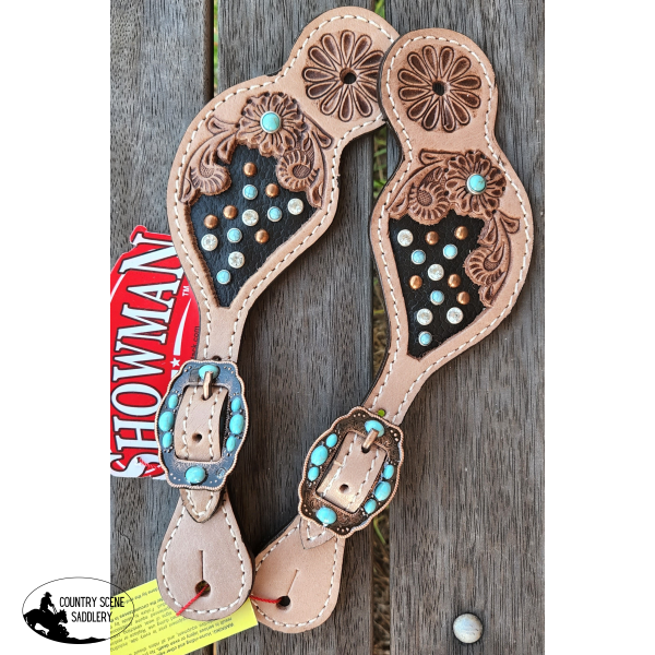 Showman ® Ladies Size Crystal Rhinestone Spur Straps With Floral Tooling. Filigree / Painted Print