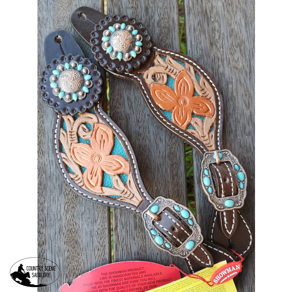 Showman ® Ladies Size Floral Tooled With Teal Inlay Spur Straps.
