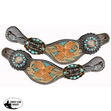 Showman ® Ladies Size Floral tooled with teal inlay spur straps. - Country Scene Saddlery and Pet Supplies