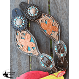 Showman ® Ladies Size Floral tooled with teal inlay spur straps. - Country Scene Saddlery and Pet Supplies
