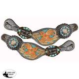 Showman ® Ladies Size Floral tooled with teal inlay spur straps. - Country Scene Saddlery and Pet Supplies