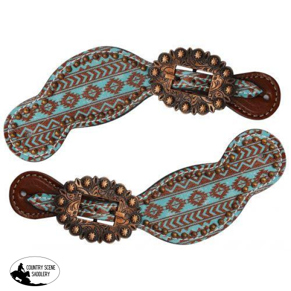 New! Showman ® Ladies Size Leather Spur Straps With Navajo Diamond Print. Filigree / Painted Print