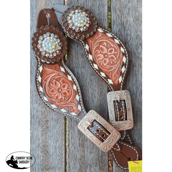 Showman ® Ladies Size Two-Tone Floral Tooled Spur Straps