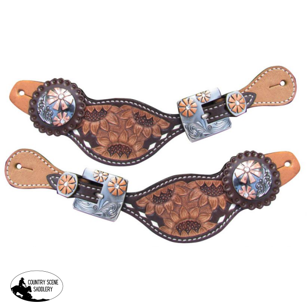 Showman ® Ladies Sunflower Tooled Spur Straps. Spurs