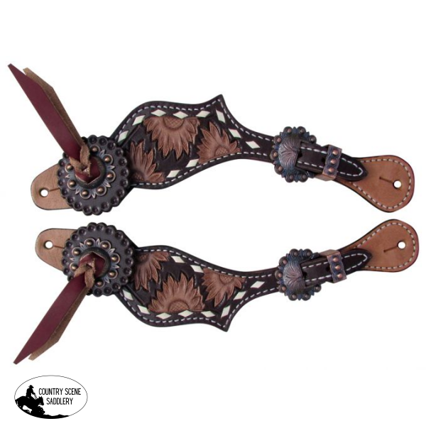 Showman ® Ladies Sunflower Tooled Spur Straps. Spurs