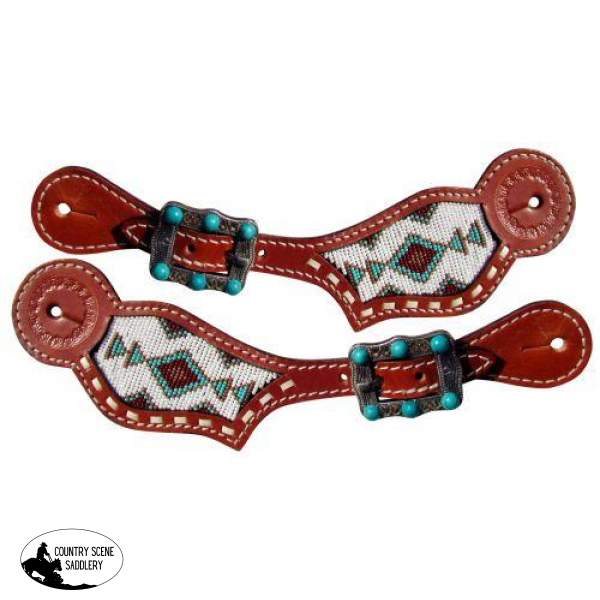 New! Showman ® Ladies Turquoise Beaded Spur Straps. Filigree / Painted Print Spur Straps