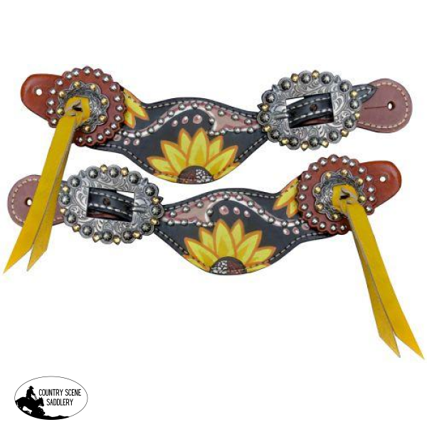 New! Showman ® Ladies Yellow And Black Sunflower Overlay Spur Straps.