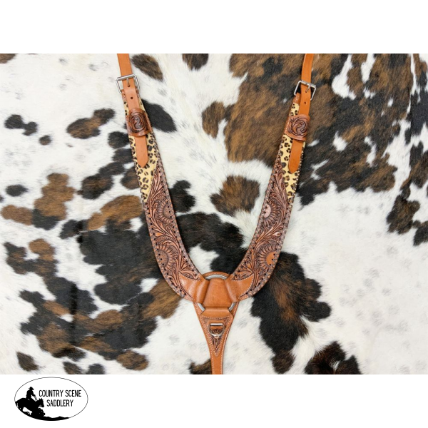 Showman ® Leather Sunflower Tooled/Cheetah Hair On Cowhide Pulling Breast Collar Breastplates