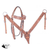 New! Showman ® Light Brown Leather Headstall And Breast Collar Set With Floral Tooling.