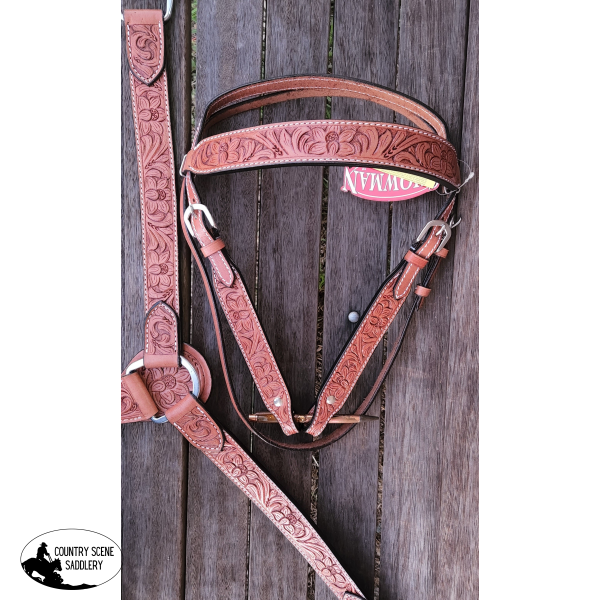 Showman ® Light Brown Leather Headstall And Breast Collar Set With Floral Tooling.