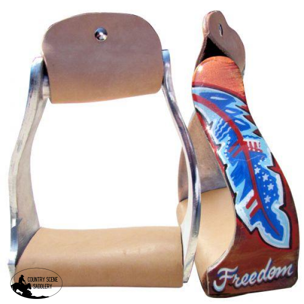 New! Showman ® Lightweight Twisted Angled Aluminum Stirrups With Freedom Feather Design.