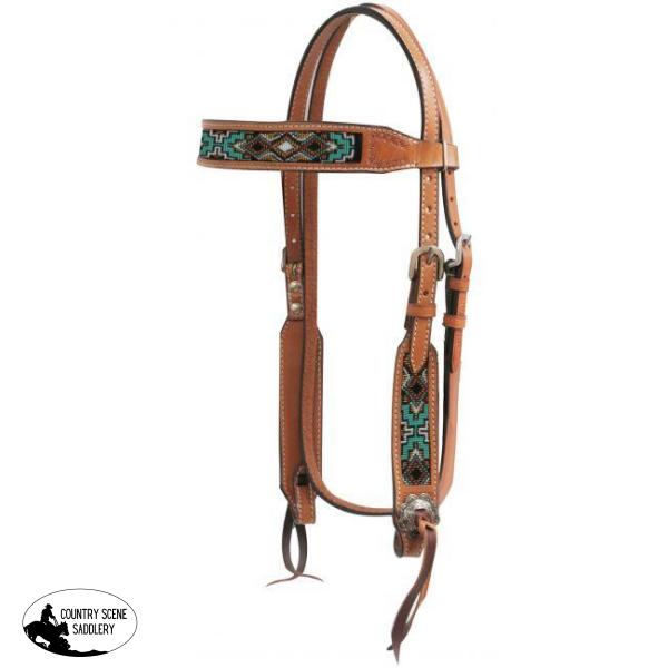 New! Showman ® Medium Chocolate Argentina Cow Leather Headstall With Beaded Inlays. Inlays
