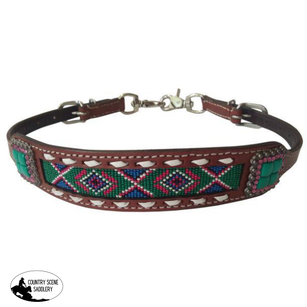 New! Showman ® Medium Leather Wither Strap Beaded Navaho.