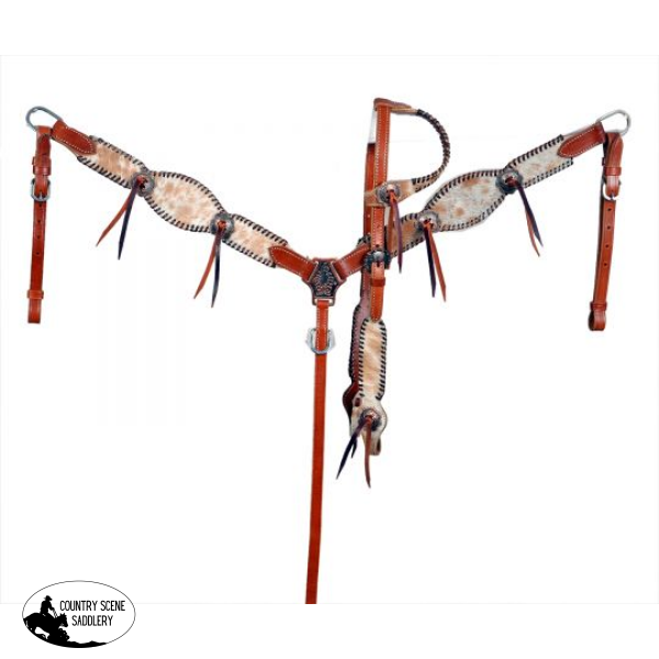 Showman ® Medium Oil Cowhide Inlay One Eared Headstall And Breast Collar Set With Black Rawhide