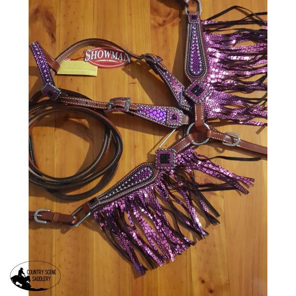 New! Showman ® Mini Size Purple Metallic Snake Print Headstall And Breast Collar Set.