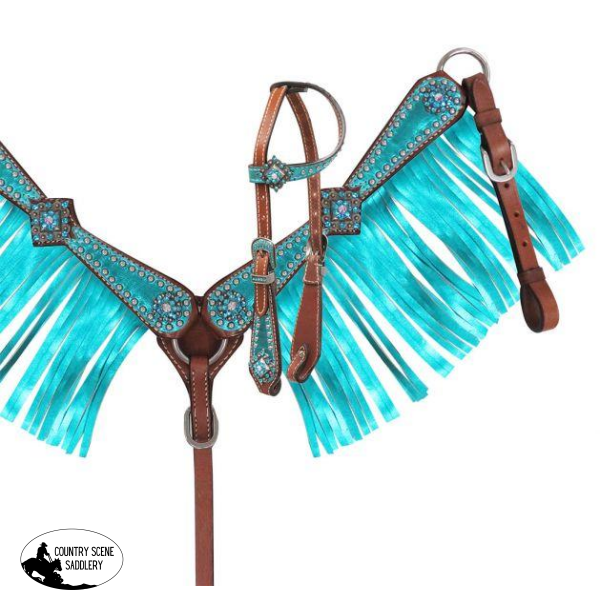 New! Showman ® Mini Size Single Ear Headstall And Breast Collar Set With Metallic Teal Overlay