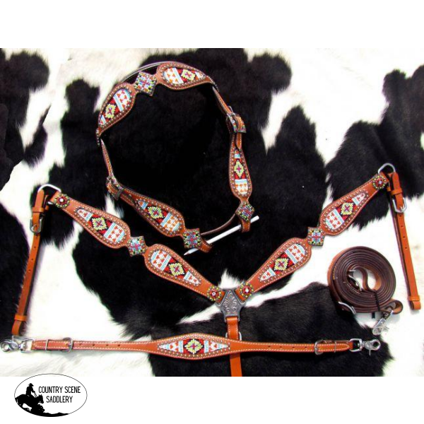 New! Showman ® Multi Colored Beaded Browband Headstall And Breast Collar 4 Piece Set.