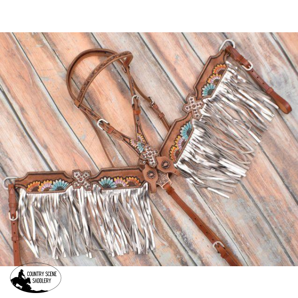 New! Showman ® Multi Colored Sunflower And Cross Brow Band Headstall Breast Collar Set.
