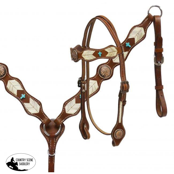 New! Showman® Native American Chief Headstall And Breast Collar Set With Rawhide Braiding.