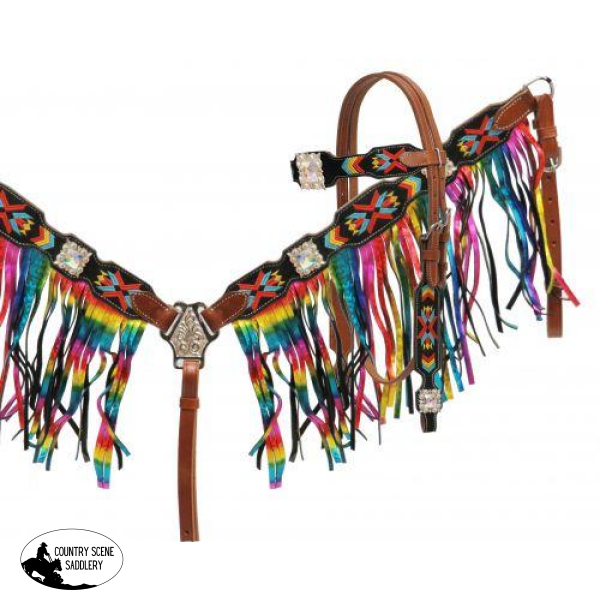 New! Showman ® Navajo Embroidered Headstall And Breast Collar Set With Metallic Rainbow Fringe.