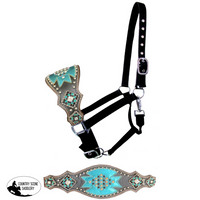 Showman® Nylon Bronc Halter With Grey Leather Noseband & Teal Accents And Bling Horse Wear » Halters