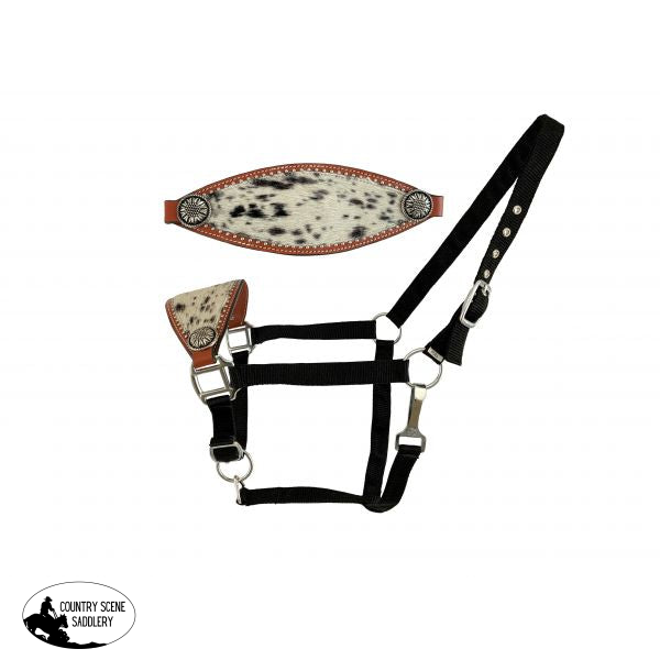 Showman® Nylon Bronc Halter With Hair On Cowhide Flower Concho Accents. Horse Halters