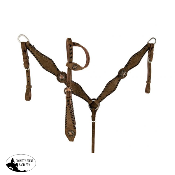 Showman ® One Ear Chocolate Rough Out Headstall And Breast Collar Set Tooled Plain Leather Buck