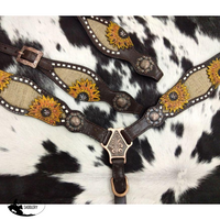 Showman ®® One Ear Headstall & Breastcollar Set W/ Burlap Inlay With Painted Sunflower Accent.