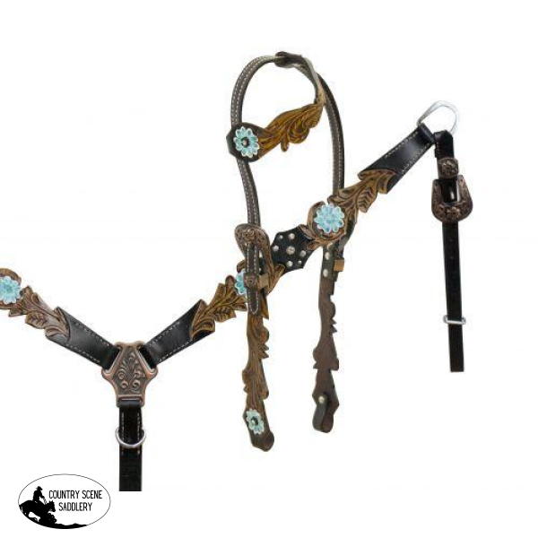 New! Showman ® One Ear Headstall With Cut Out Filigree Tooling Accented Teal Painted Tooled Flower.