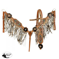 Showman ® Painted 3D Flower & Aztec Beaded Browband Headstall And Breast Collar Set With Fringe.