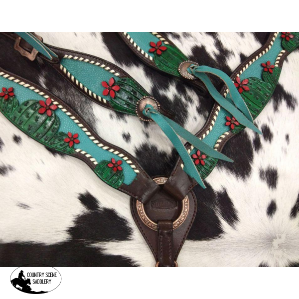 Showman ®Painted Cactus With 3D Flower Accent One Ear Headstall Breast Collar Set.