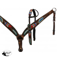 New! Showman ® Painted Feather Single Ear Headstall And Breast Collar Set.