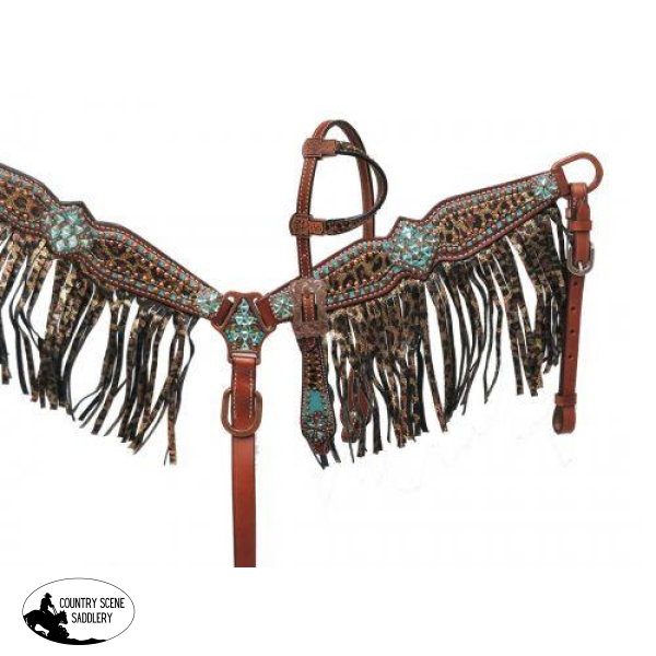 New! Showman® Pony Size Bejeweled Metallic Leopard Print Headstall And Breast Collar Set.