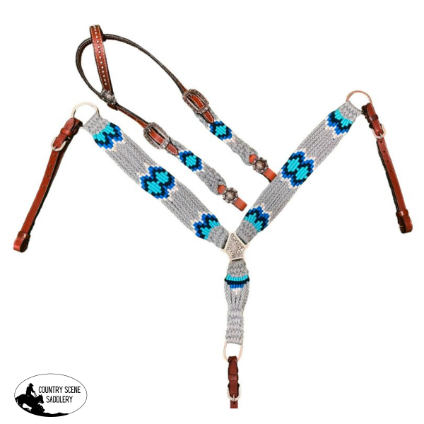 Showman ® Pony Size Corded One Ear Headstall And Breast Collar Set - Gray/Blue Western Tack Sets