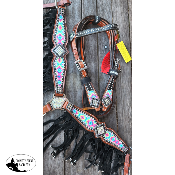 Showman ® Pony Size Pyschedelic Tie Dye Browband Headstall And Breast Collar Set With Black Suede