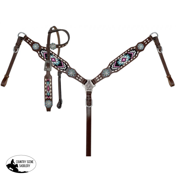 Showman ® Purple And Blue Beaded One Ear Headstall Breastcollar Set Tripping Collar